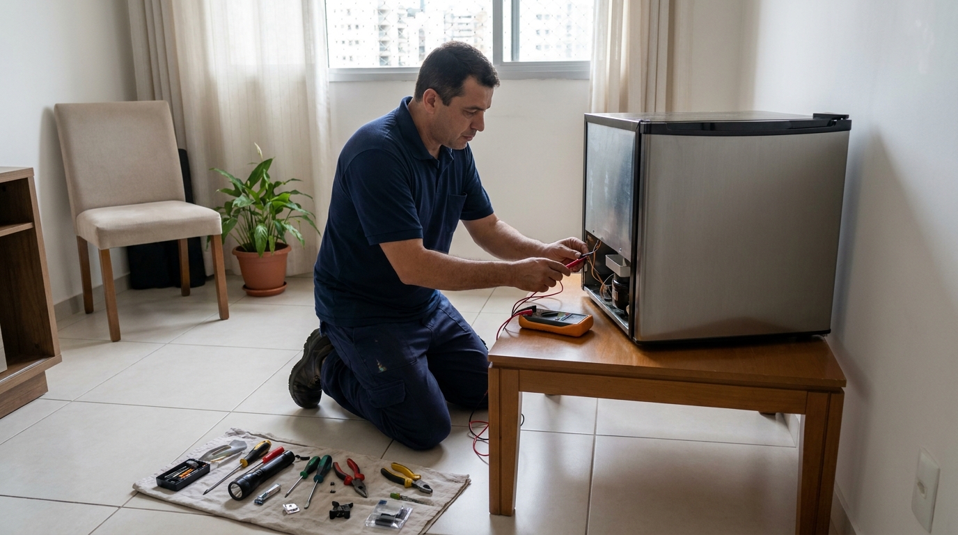 Técnico realizando manutenção de motor de frigobar em Fortaleza‑CE